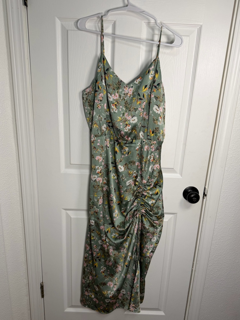 Willow Sage Green Floral Midi Slip Dress with Rouching Detail